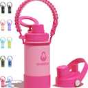 12 oz Insulated Water Bottle with 2 Lids (2-in-1 Straw & Spout Lid, Magnetic Lid), Kids Water Bottle with Strap, Kids Stainless Steel Water Bottle for School, PA-Free, Pink