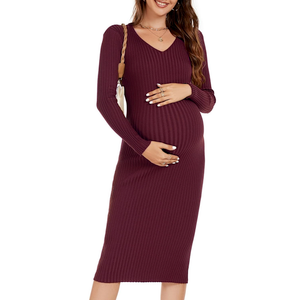 Maternity Dress Long Sleeve V Neck Knit Stretchable Sweater Dresses Pregnancy Clothes for Photoshoot Baby Shower