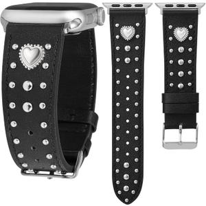 Wearlizer Leather Band Compatible with Apple Watch Bands Women 42/46/38/40/41/44/45/49mm, Dressy Fancy Designer Pretty Heart Charms Studded Strap for iWatch Series 11 10 9 8 7 6 5 4 SE/Ultra 3 2 1, Size: 49/46/45/44/42mm(Series 3 2 1)