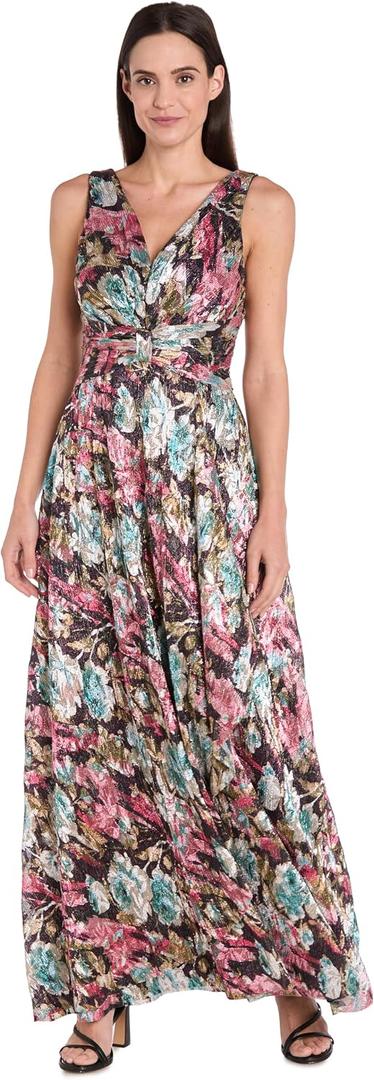 R&M Richards Women's V-Neck Pleated Floral Maxi Dress W/Ruched Waistband & Elegant Crinkle Texture - Spring & Summer Wear (XL)