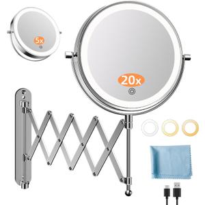 Famihomii 5X/20X Wall Mount Magnifying Mirror with Light, Rechargeable Double Sided Magnification, 4000mAh Battery, Type-C Cable, Touch Dimmable, for Home, Bathroom, Cloakroom, Housewarming Gifts