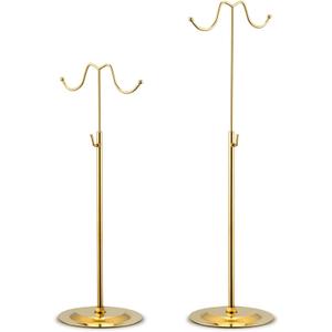Adjustable Banner Stand & Purse Display - 15-28 Inch Gold Handbag Holder with Double Hooks, Metal Retail Hanger for Boutique, Store Promotion, or Closet, Shiny Gold Finish