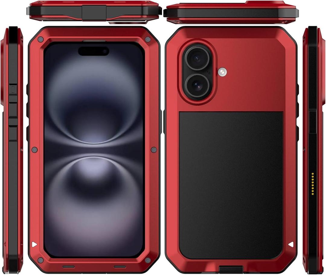 Marrkey for iPhone 16 Metal Case 6.1",Heavy Duty Shockproof Aluminum Alloy Tough Armour Military Grade Phone Case,360 Full Body Protective Cover with Silicone Built-in Screen Protector - Red