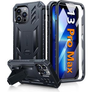 FNTCASE for iPhone 13 Pro Max Case: [Built-in Screen Protector & Kickstand] [Military Grade Drop Protection] Heavy Duty Full Protective Matte Textured Shockproof TPU Rugged Phone Cover - Black