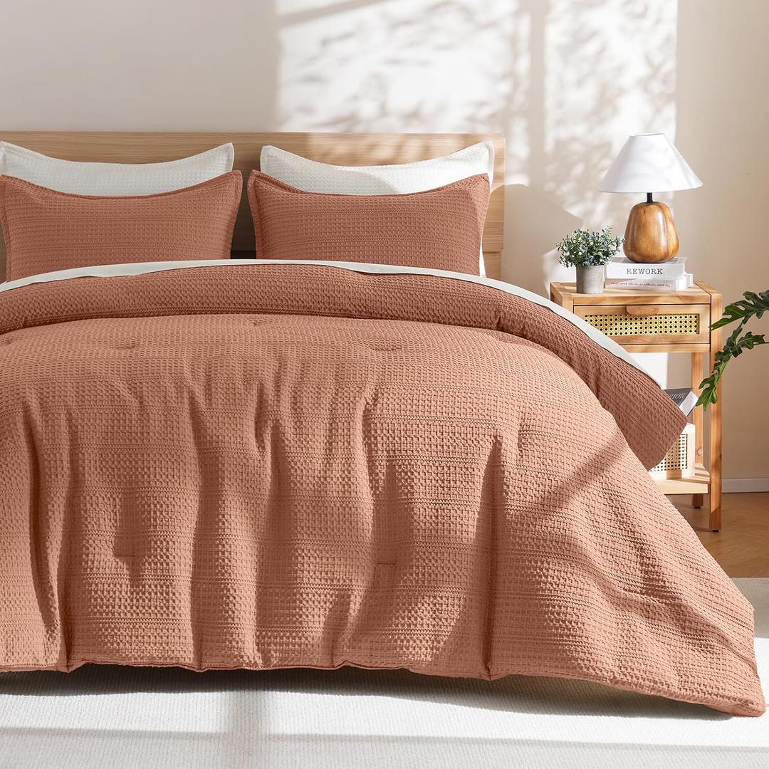 PHF Soft Waffle Comforter Set King Size- Comfy Breathable Waffle Weave Comforter with 2 Pillow Shams, 3 Pieces Less Snagging Lightweight Textured Bedding Set for All Season, Terracotta