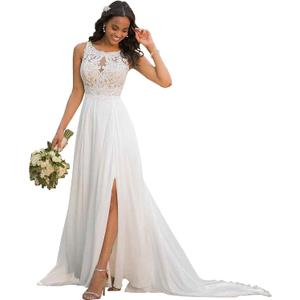 Chiffon A-line Beach Bridal Dress 2024 Boho Lace Applique Wedding Dress for Women White, Size 12