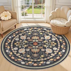 UERMEI 5ft Round Area Rug Living Room Rugs - 5x5 Washable Boho Vintage Floral Large Soft Non Slip Thin Rug Low Pile Carpet for Bedroom Dining Room Kids Playroom Office Decor Indoor- Black Grey