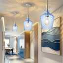 Modern Stripes Blue Glass Pendant Lighting for Kitchen Island 1 Pack, Farmhouse Nickel Pendant Light Fixtures, Height Adjustable Ceiling Pendant Light, 8 Inch