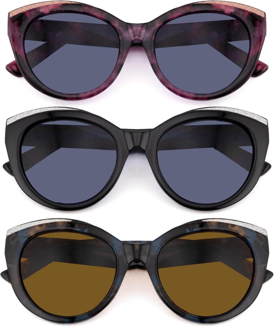 3 Pairs Reading Sunglasses for Women Oversized Full Lens Sun Readers Ladies Outdoor UV400 Protection Non Bifocal, Black + Blue Quartz + Red Leopard, +3.5