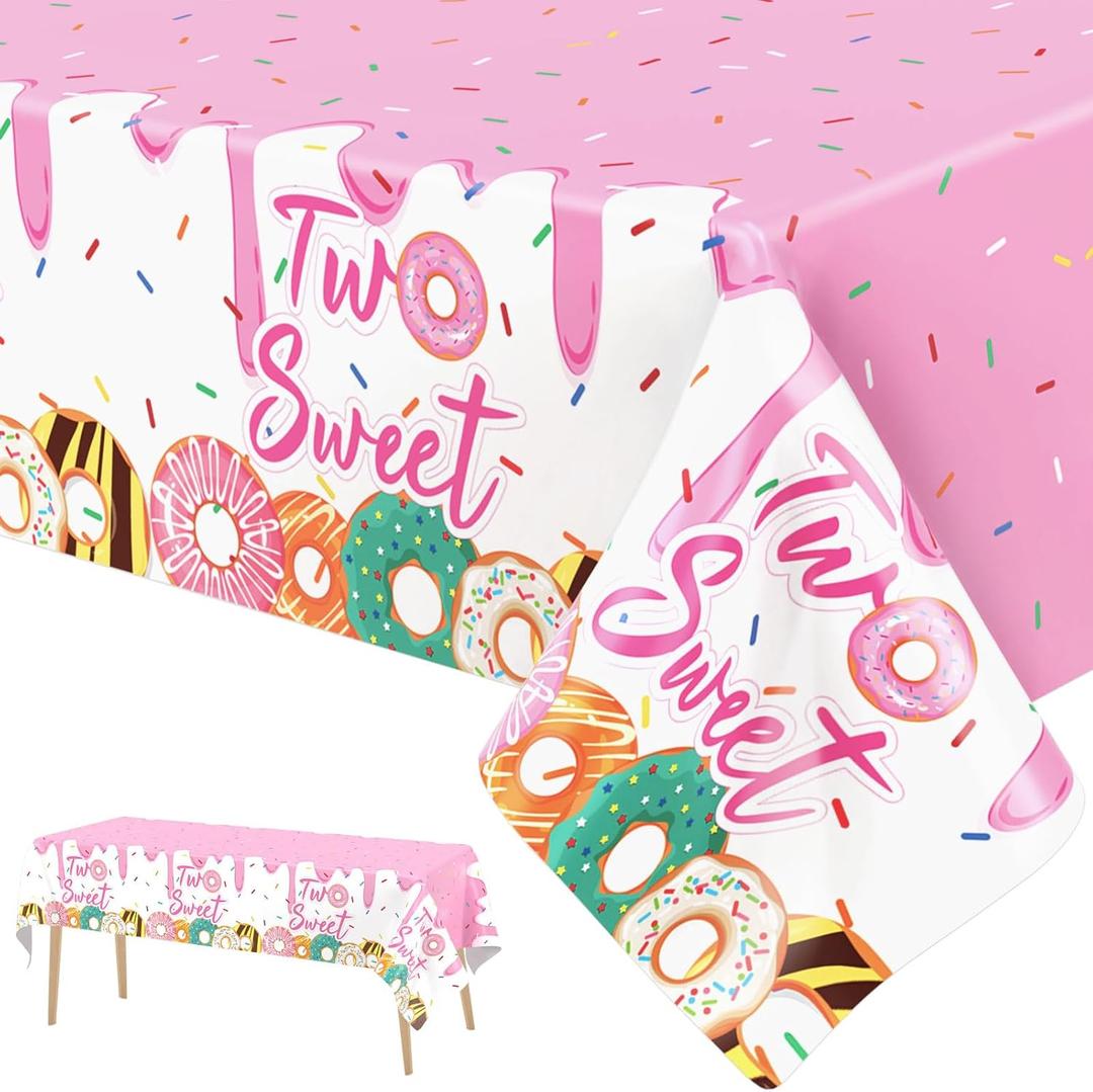 ZOIIWA 3 Pack Two Sweet Donut Birthday Party Tablecloths Decorations Girls Donut Themed Plastic Table Covers for Baby Girl 2nd Birthday Supplies Pink Party Favors Table Decor 54 x 108 Inch
