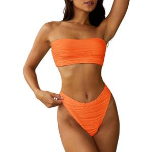 ZAFUL Women Strapless Textured Bandeau Bikini 2 Piece Swimwear Cheeky Solid Lace up Bathing Suits (Large, 1-orange)