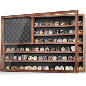 Challenge Coin Display Case, Lockable Military Coin Holder Cabinet with Removable Star Board & HD Tempered Glass Door (27.6" L x 18.1" W), Solid Wood Wall Mount Coins Collection Rack Stand