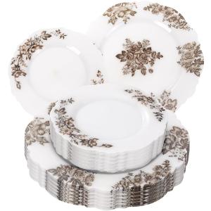 WDF 20PCS Brown Plastic Plates - Baroque White and Brown Floral Plates - Floral Party Decorations for Birthdays/Tea Party/Showers