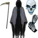 Grim Reaper Costume Kids,Scary Halloween Costumes for Boys Girls, LED Mask,Hooded Cloak,Scythe,Gloves Included (Large, Black)