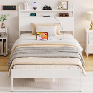 Elephance Twin Bed Frames with Charging Station and Storage Headboard, No Box Spring Needed, Noise Free, Easy Assembly (White)