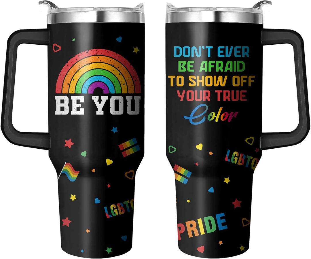 Rainbow Pride Flag Tumbler, Retro Be You Travel Mug, Gay Pride Cups Lesbian Gifts for Women Men, 40 Oz Stainless Steel Tumbler With Handle & Straw, LGBTQ Awareness Month Gifts