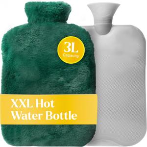 Qomfor XXL Large Hot Water Bottle with Faux Fur Cover  Cozy 3L Hot Water Bottle for Bed Warming, Pain Relief, Cramps & Back Pain  Durable, Safe, & Long-Lasting Water Hot Bottle for Sleeping (Green)