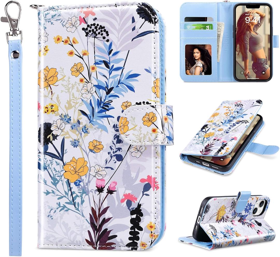 ULAK Compatible with iPhone 14 Wallet Case for Women, PU Leather Floral Flip Cover with Card Holder, Kickstand Feature Protective Purse Case for iPhone 14 6.1 Inch, Tropical Forest