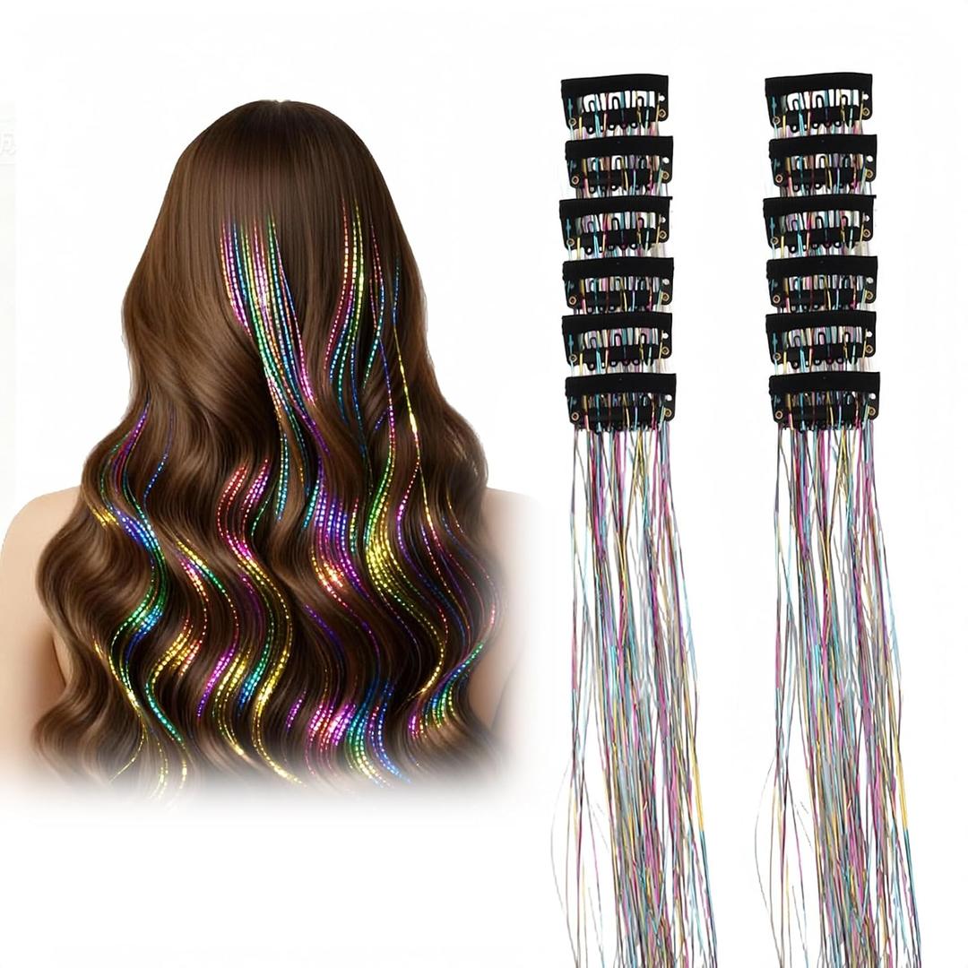 12-Pack Hair Tinsel - Colorful Glitter Hair Accessories -20 Inch Clip in Hair Tinsel Extensions - Fairy Hair Accessories Party Kit -Glitter Extensions for Women Girls Kids