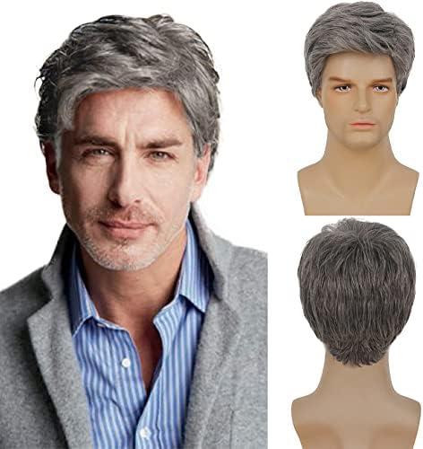 Kaneles Mens Grey Short Wig Synthetic Replacement Costume Halloween Soft Layered Natural Hair Male Wigs (Gray)