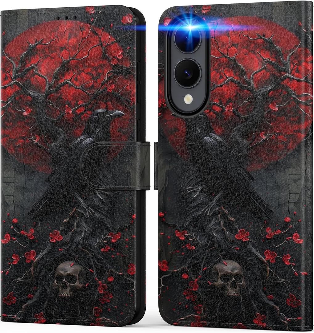 DEENAKIN for Samsung Galaxy S25 Edge Wallet Case, Card Holder + Cash Clip | RFID-Blocking, Military-Grade Drop Protection & UV-Printed Artwork, Magnetic Closure with Leather Kickstand