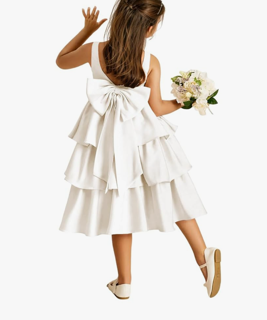 Crewneck Layers Flower Girl Satin Pageant Dress with Bow Knot Backless Birthday Party Formal Dress size 06