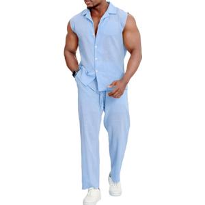 Mens Linen Sets 2 Piece Outfits Sleeveless Shirt and Pants Set Vacation Outfit for Men Summer Beach Suits (Blue, XL)
