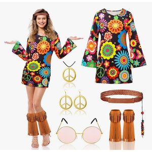 Jinei Women's 60s 70s Hippie Costume Hippie Outfit for Women Disco Dress Set Retro Accessories Halloween Party, Large