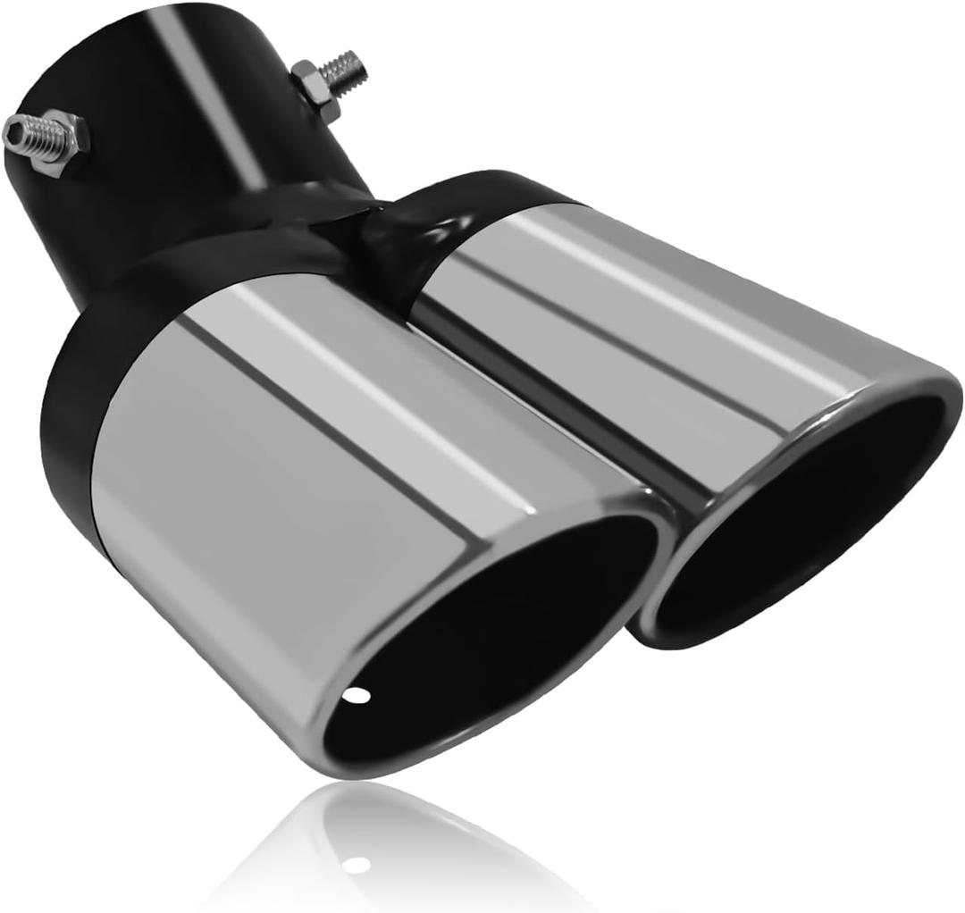 Exhaust Tip Dual Muffler Exhaust Tips, Double Outlet Bending Muffler Tail Pipe Car Stainless Steel Tail Pipe 2.5"/63mm Inlet Dual Curved Muffler Tip Bevel Port Modification Accessories(Silver)