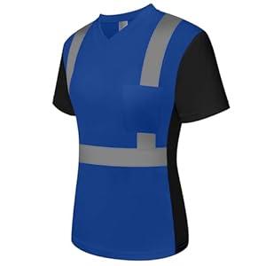 Uno Mejor Blue Reflective Shirts for Women Class 3 High Visibility Shirts with Short Sleeves, Hi Vis Safety Shirts for Women, Breathable Construction Shirts with Black Bottom, UWPJ-Blue M 