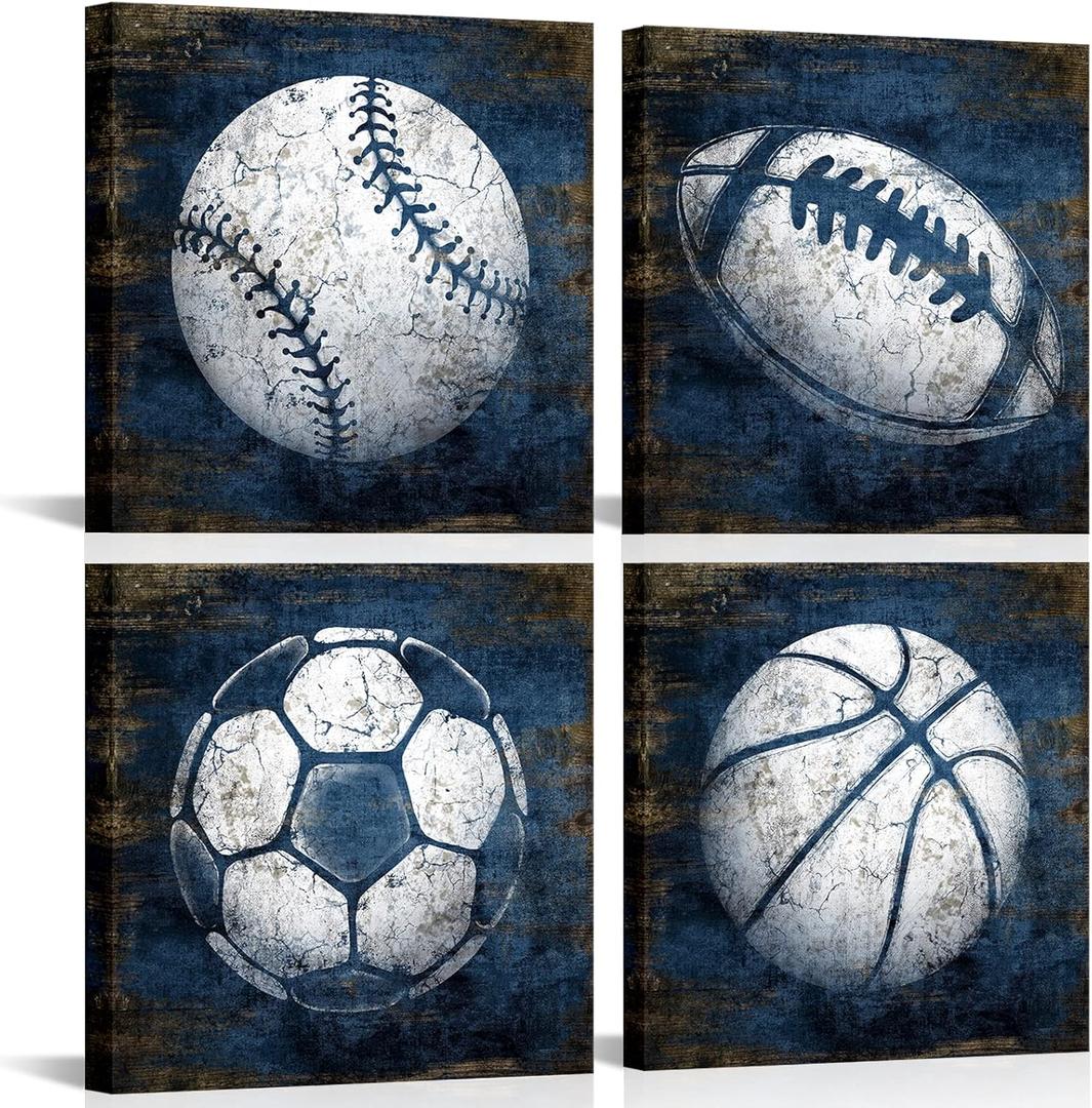 KLVOS Navy Blue Sports Wall Art Dcor Basketball Baseball Soccer Football Canvas Art Prints Sport Balls Picture for Man Cave Kids Teenagers Boy Room Decor 12x12inchx4 Piece