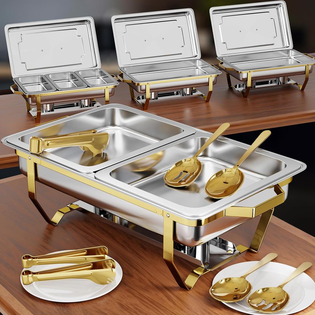 Chafing Dishes for Buffet 4 Pack (7 Pans + 7 Utensils) - 9QT Stainless Steel Chafing Dish Buffet Set - Food Warmers for Parties Buffet - Buffet Servers and Warmers, Catering Supplies Buffet Display