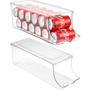 Puricon 2 Pack Soda Can Organizer Dispenser for Refrigerator, Plastic Canned Food Pop Beverage Container Holder Storage Bin with Lid for Freezer Rack Pantry Cabinet Cupboard Kitchen -Standard