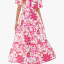 PRETTYGARDEN Women Summer Boho Maxi Dresses 2025 V Neck Puff Short Sleeve A-Line Flowy Tiered Floral Wedding Guest Dress large, White Rose Red Flower