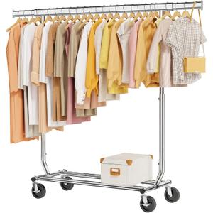 Tajsoon Clothes Rack Heavy Duty Clothing Rack Load 350 LBS, Rolling Garment Rack with Wheels and Extendable Rod, Collapsible Clothing Rack for Hanging Clothes with Bottom Shelf, Chrome