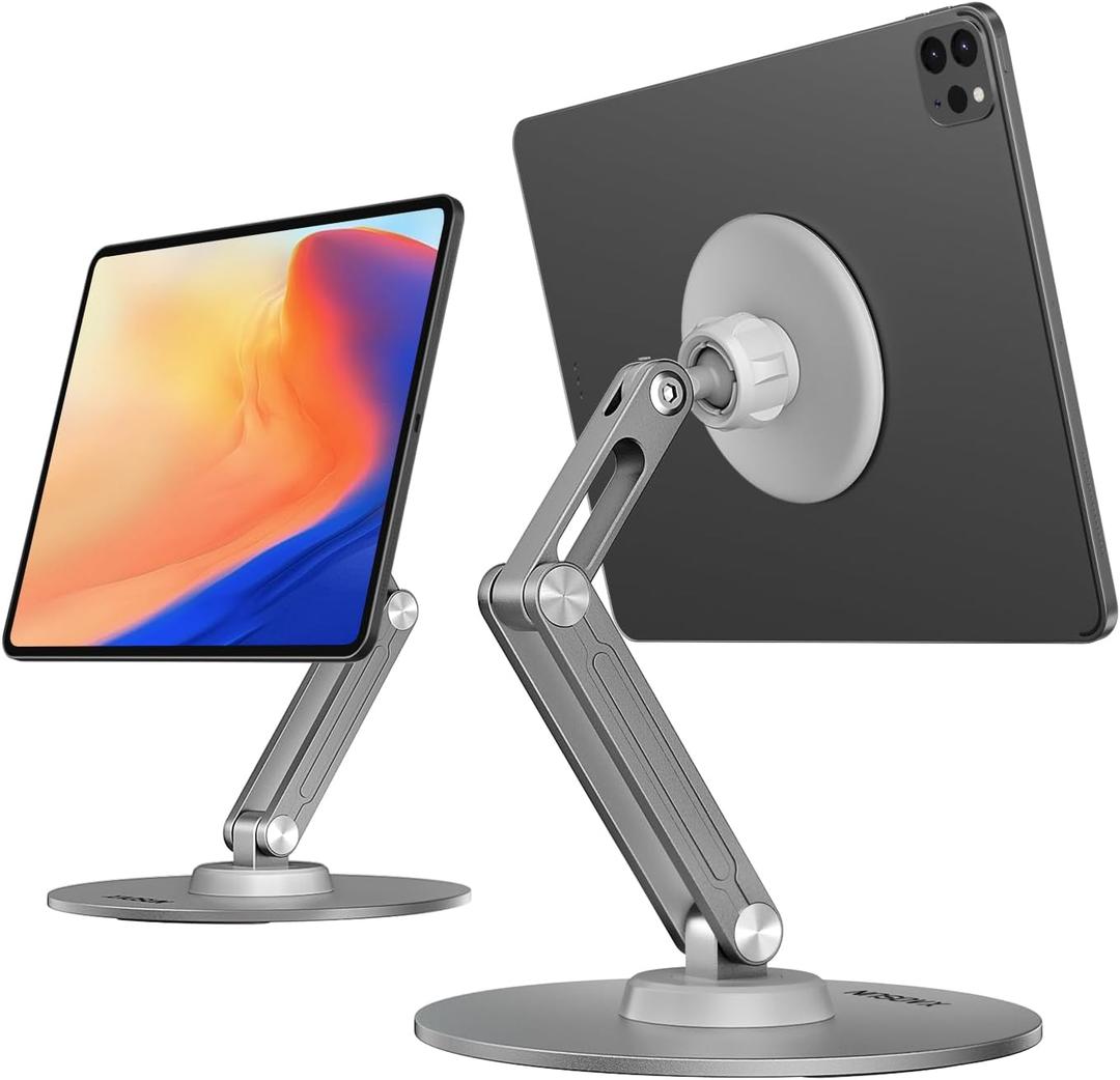 XAOSUN Tablet Stand Magnetic for iPad Stand Desk Multi-Angle, Adjustable Foldable Tablet Holder, Metal 360Rotation, Home Office Accessories (Grey)