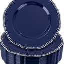 Hioasis 60pcs Blue Plastic Plates - Blue and Silver Disposable Dinnerware with Gold Rim, Heavy-duty, 7 inch, Dessert Plates for Party & Christmas