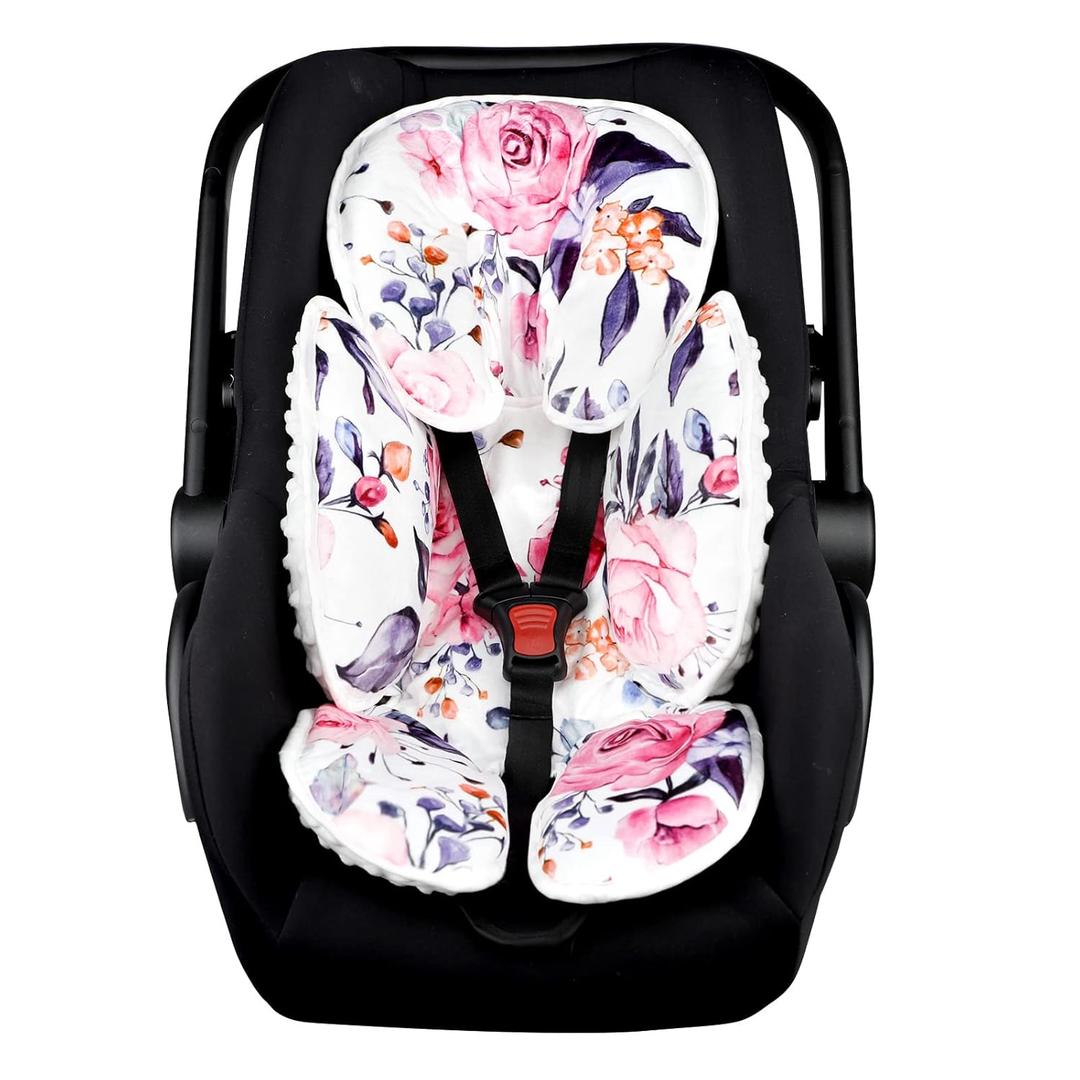 Pea Pod Baby Car Seat Head Support for Newborn, 2 in 1 Infant Car Seat Head Body Support for Girls Extra Soft Breathable Baby Car Seat Cushion Insert for Strollers, Swings, and Bouncers, Pink Floral
