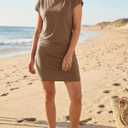 Wenrine Womens Summer Mini Dress 2026 Casual Short Sleeve Crewneck Beach Vacation Ruched Bodycon T Shirt Dresses (Beige, S)