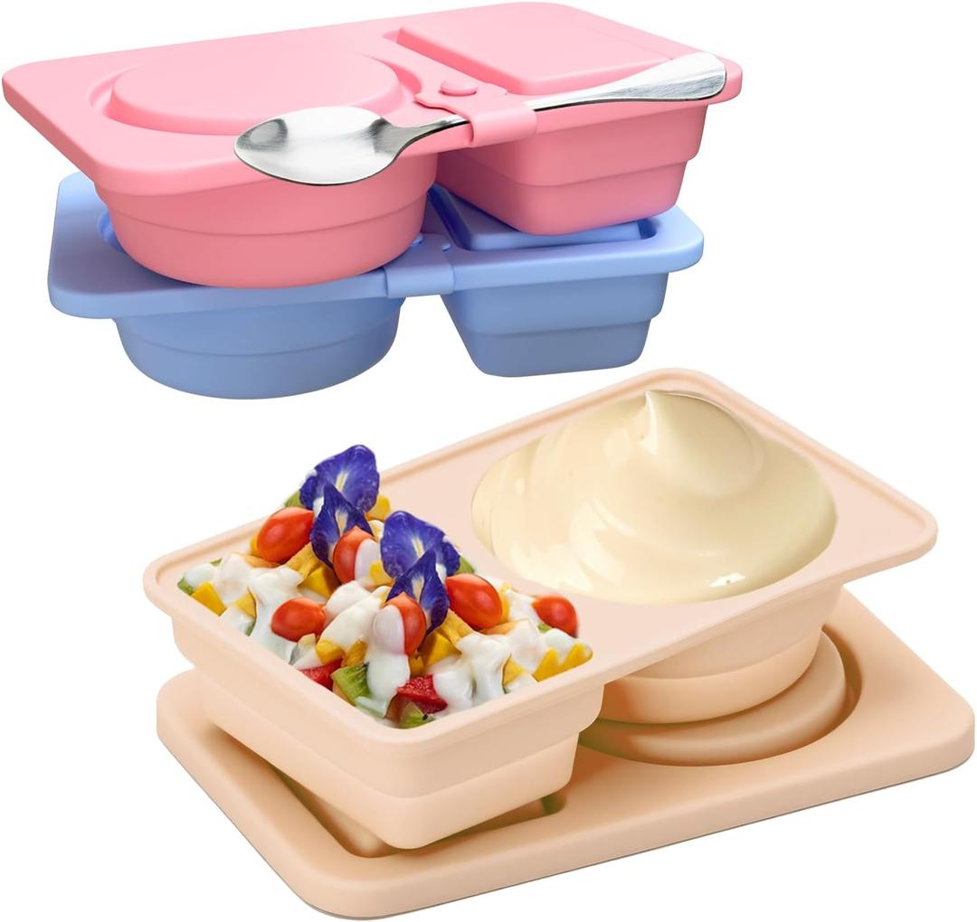 3 Pack Reusable Snack Containers with Lids, Silicone Double Compartment Snack Box Container, Small Mini Snack Pack Containers for Travel, Picnic, Work