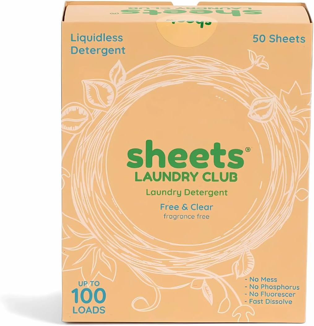 Sheets Laundry Club - Liquidless Laundry Detergent Sheets, 100 Loads - Fragrance Free Scent, Eco-Friendly, Quick-Dissolving Formula, Hypoallergenic, Septic Safe, Plastic-Free Packaging - 50 Sheets