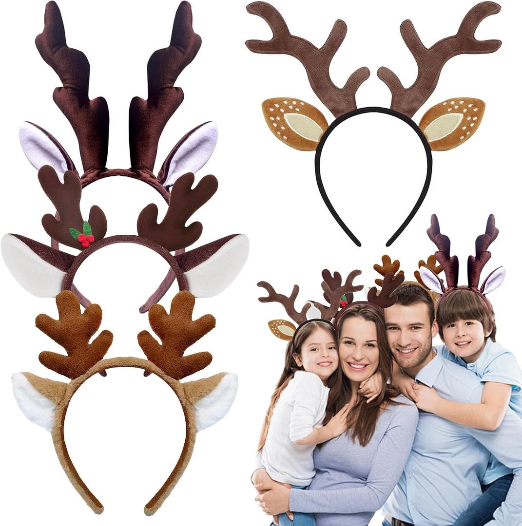 4Pcs Reindeer Antlers HeadbandDark Brown Light Brown Reindeer Headpiece Reindeer Plush Antlers Headband for Christmas Easter Halloween Party