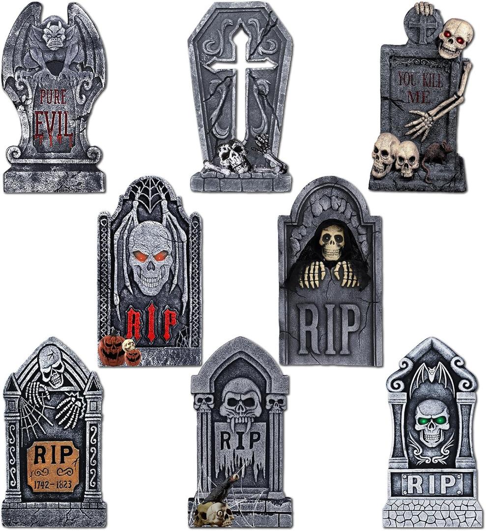 Roberly 8 Pcs Halloween Tombstones Outdoor, 16.5" Graveyard Yard Decorations for Halloween Gravestones Signs with Stakes Scary Cemetery RIP Skeleton Headstones Yard Lawn Garden Decor