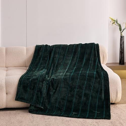 KORBLISS Super Soft Flannel Throw Blanket 50x60 Inches, Premium Checkered Jacquaed Silky Fleece Lightweight Bed Blanket All Season Use, Dark Green Strip, 50"x60"