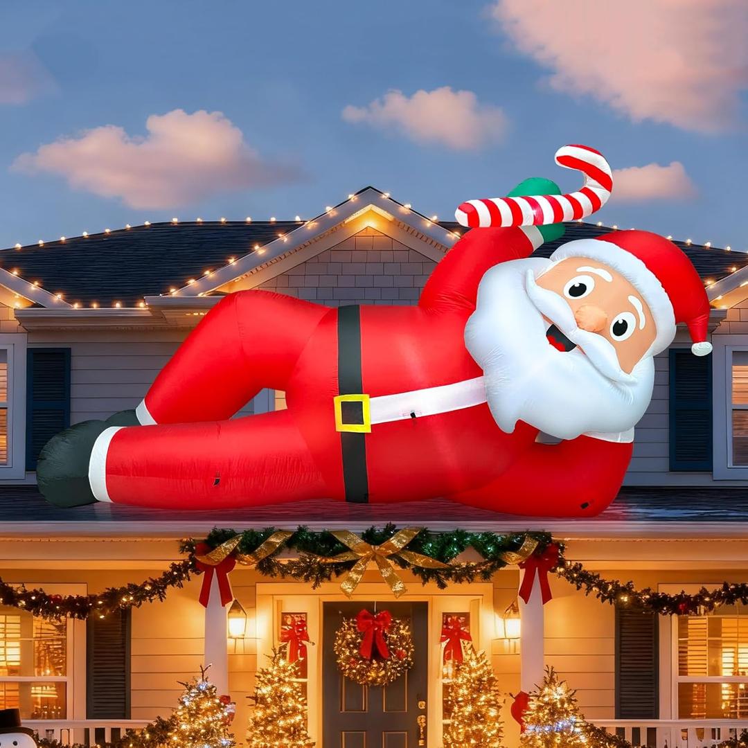 TURNMEON 12 Foot Super Giant Christmas Inflatables Santa Claus Outdoor Decorations, Blow Up Lying Santa Holds Candy Cane Built-in LED Lights Inflatable Christmas Decorations Garden Lawn Holiday Party