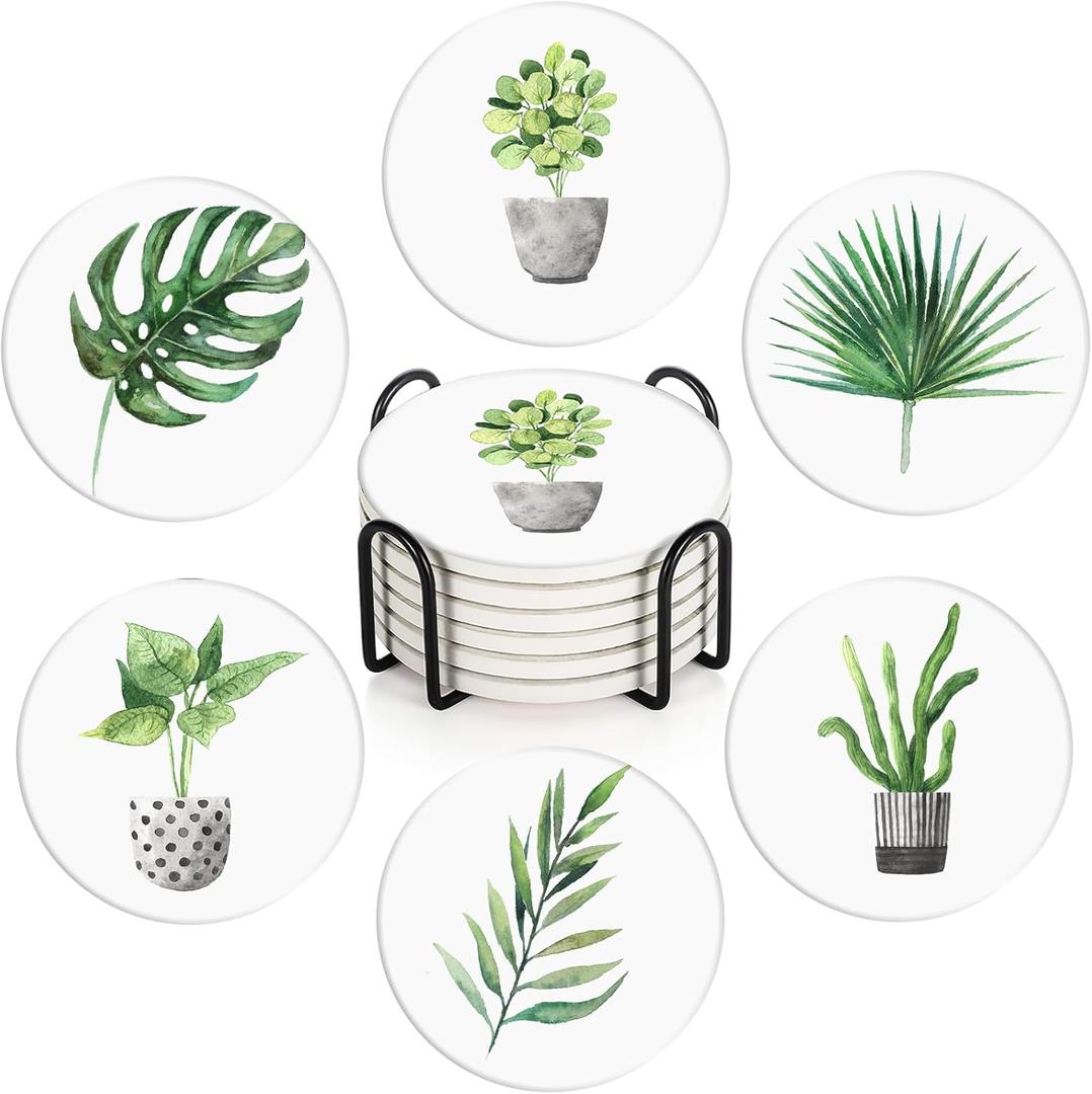 Britimes Set of 6 Coasters for Drinks Absorbent Green Leaves with Cork Base, Metal Holder, Round Stone Drink Mat for Coffee Wood Table, Gift for Birthday, Farmhouse Housewarming Room Bar Decor