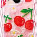 for iPhone 13 Case,Cute Summer Flower Cherry Phone Case,Kawaii Shockproof TPU Raised Edges Curly Wavy Laser Beam Glossy,Aesthetic Retro Fruit Girly Cases Women Girls(6.1",Cherry)