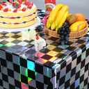 3Pack Black and Iridescent Checkered Plastic Tablecloth, Shiny Disposable Laser Rectangle Table Covers, Holographic Foil Tablecloth Iridescent Party Decorations for Picnic Camping Race Car, 54x108Inch