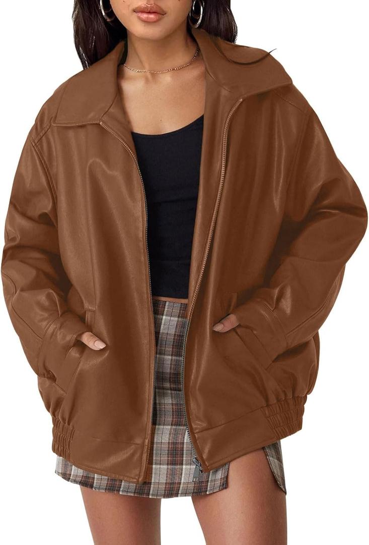 hathne Women's Oversized Leather Jackets Faux Zip Up Fall Fashion Motorcycle Jackets Coats Winter Clothes (Medium, Camel)