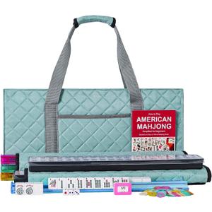 ZGME American Mahjong Set,166 White Tiles with Blue Rectangular Bag and Accessories,4 All-in-One Mahjong Racks with Pushers,Complete Western Mahjong Set, 1.2" 0.9" 0.5"